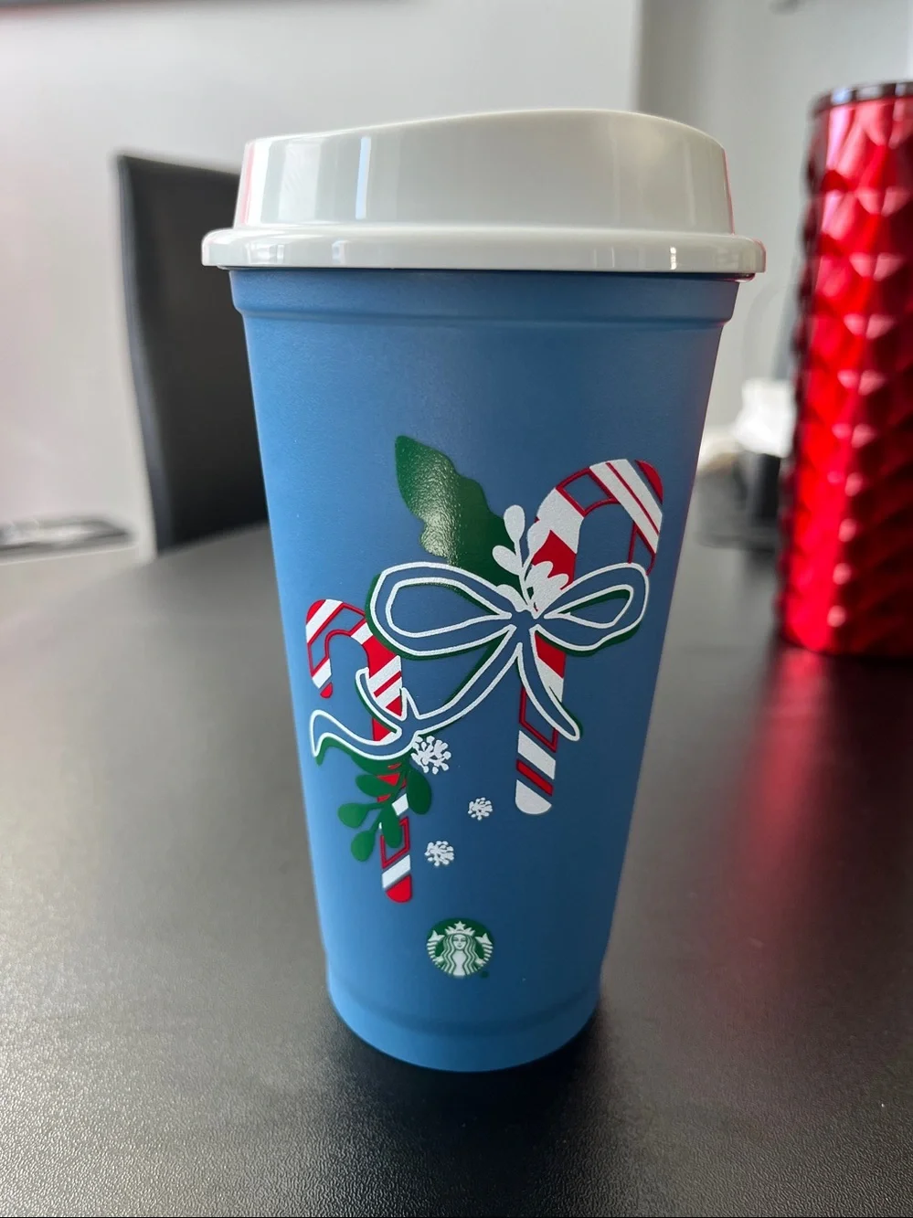 Starbucks Red Stainless Steel Tumbler + Blue Candy Cane Reusable Hot Cup, NEW